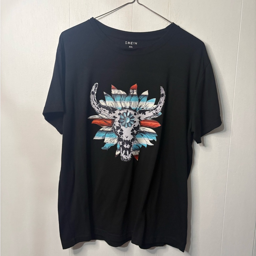 SHEIN Black Tee with Colorful Skull Design